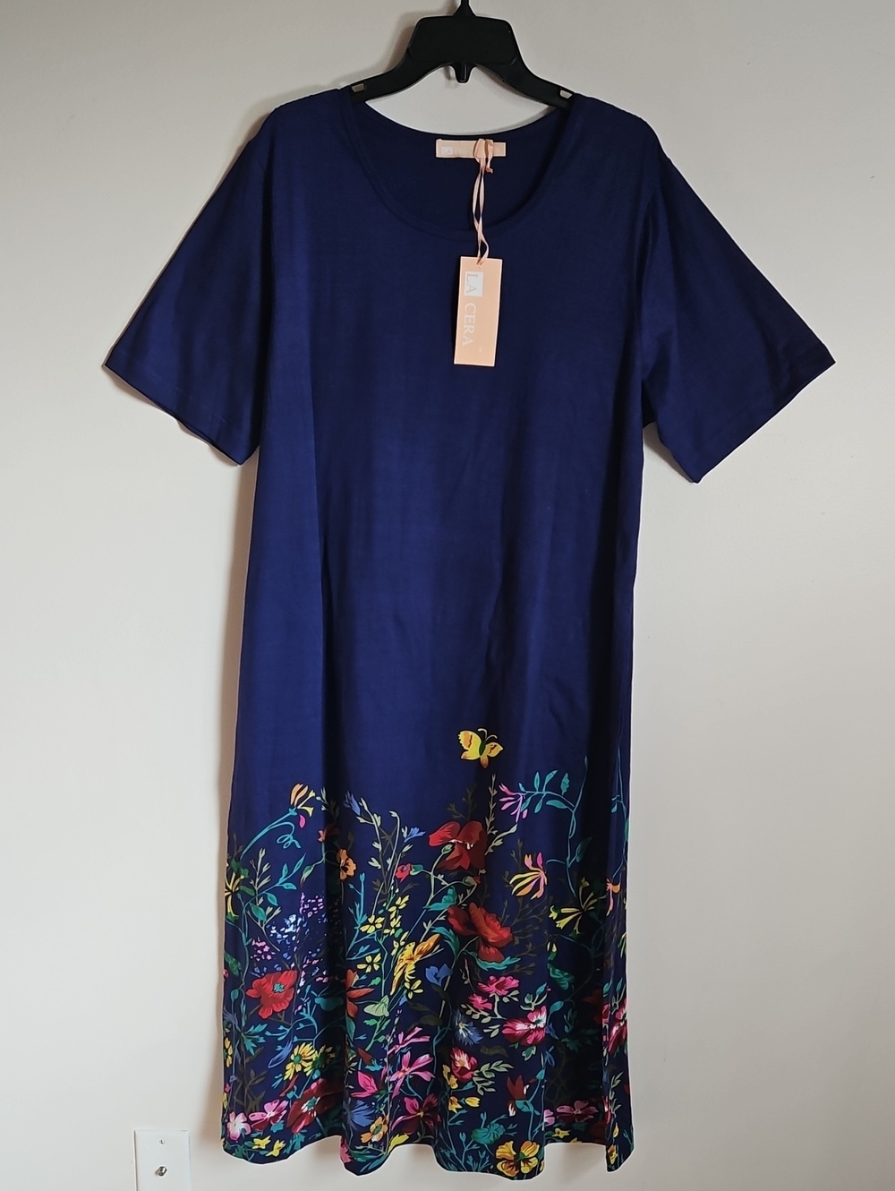 LA Cera Wildflowers Tee Shirt Midi Dress Butterfly Blue Cotton XL NEW